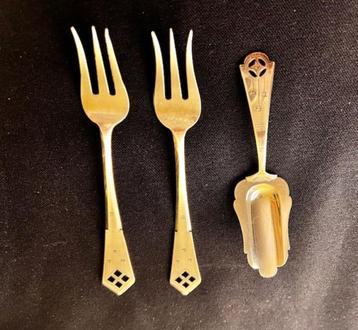 Ziveren suikerschep en 2 vleesvorkjes art deco beschikbaar voor biedingen