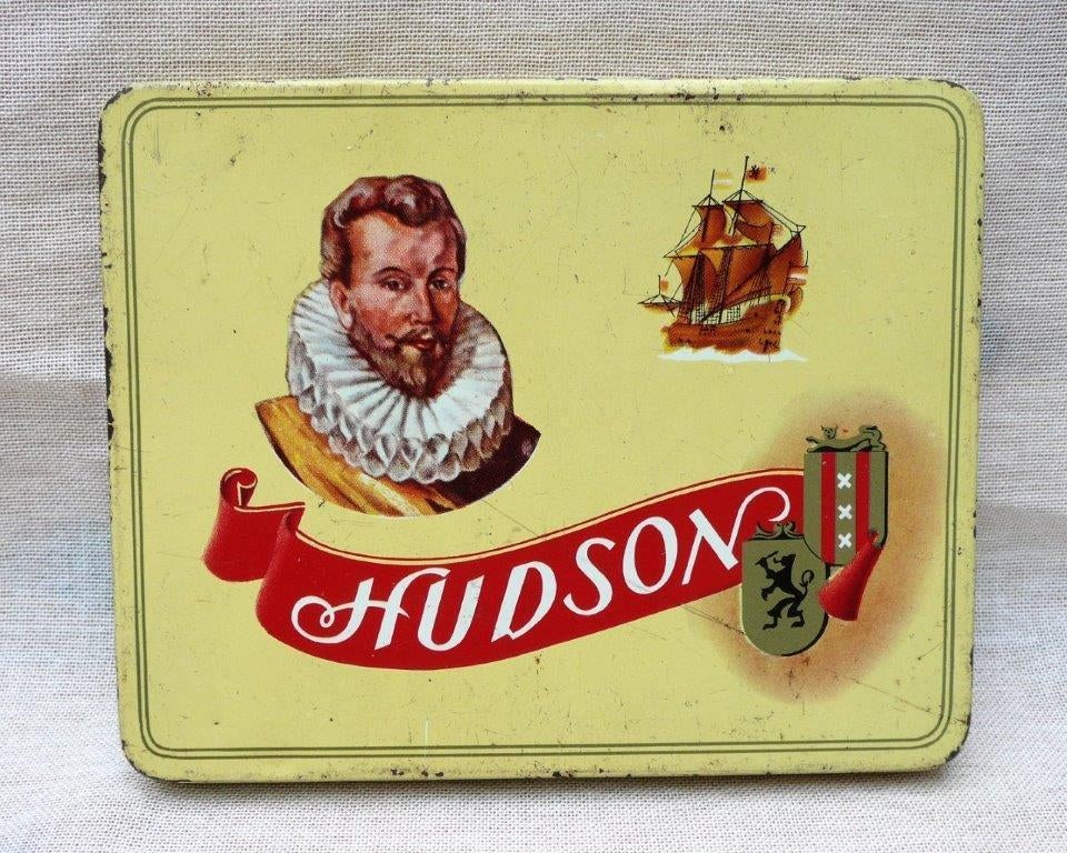 blik - leeg. Hudson 20 sigaartjes geel. Hudson Roosendaal., Ophalen of Verzenden, Gebruikt, Tabaksdoos of Verpakking