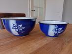 2 mooie brocante emaille blauw-witte schalen met bloem, Ophalen of Verzenden