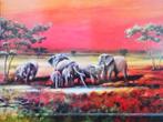 Mooi kleurig schilderij olifanten., Ophalen of Verzenden, Zo goed als nieuw, Schilderij, 75 cm of meer