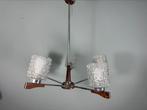Vintage mid century lamp kroonluchter teak met kapjes, Ophalen, ,, Vintage, Zo goed als nieuw
