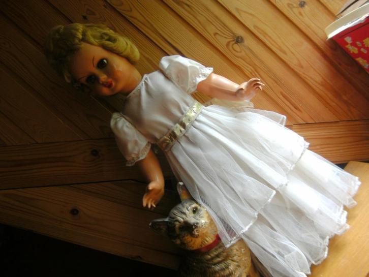 kermispop bakeliet honingblond mohair haar bruine knipperoog, Antiek en Kunst, Curiosa en Brocante, Verzenden