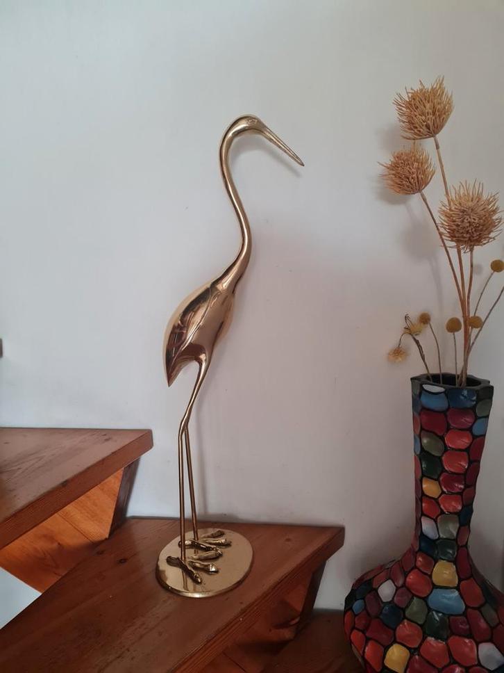 XXL 76cm Messing Kraanvogel Vogel sculptuur vogelfiguur goud, Antiek en Kunst, Antiek | Koper en Brons, Koper, Ophalen of Verzenden