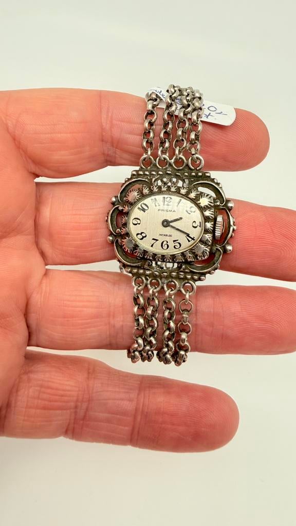 Zilveren oude armband met opwind klokje, loopt!, Verzenden, Zilver, Armband