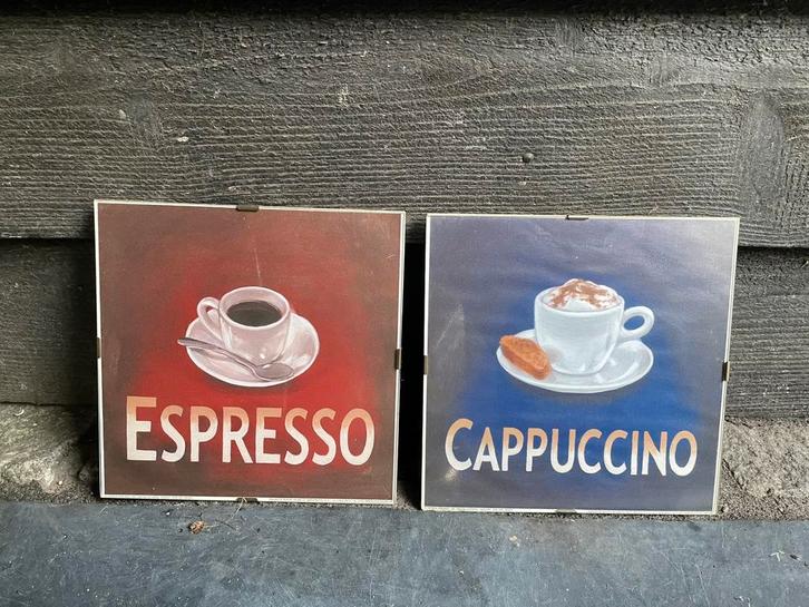 Schilderijtjes / lijstjes met Espresso en Cappucino koffie, Huis en Inrichting, Woonaccessoires | Lijsten, Zo goed als nieuw, Overige materialen