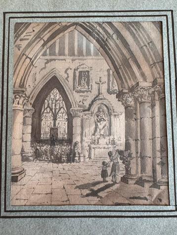Tekening - Kerk interieur beschikbaar voor biedingen