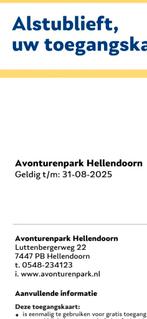 2 toegangskaarten Hellendoorn geldig tm 31 aug., Tickets en Kaartjes, Kortingen en Cadeaubonnen, Drie personen of meer, Overige soorten