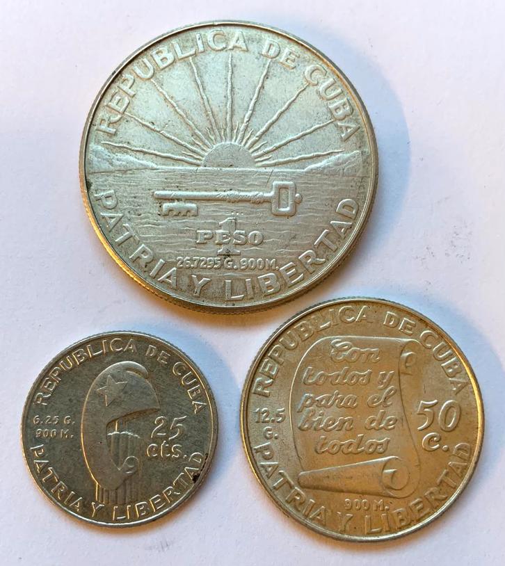 Cuba 25, 50 Centavos + 1 Peso 1953 | Marti | 45,45 gr zilver, Postzegels en Munten, Munten | Amerika, Noord-Amerika, Zilver, Ophalen of Verzenden