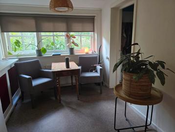 Twee comfortabele grijze stoelen plus tafeltje beschikbaar voor biedingen