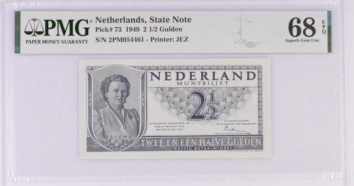 UNC biljet 2,5 gulden Juliana, 1949 | PMG 68 EPQ, Postzegels en Munten, Bankbiljetten | Nederland, Ophalen of Verzenden