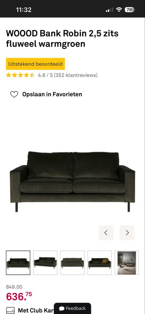 Woood bank fluweel groen, Huis en Inrichting, Ophalen, 150 tot 200 cm, Driepersoons, 75 tot 100 cm