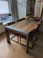 Robuuste eettafel teak & staal 200 x 100 cm, Ophalen, Gebruikt, Industriële, boomstamtafel, Teakhout