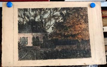Kleurgravure Huis met Bomen A149-3 beschikbaar voor biedingen
