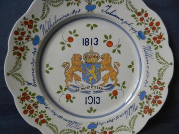 Bord 100 jaar Koningshuis 1813-1913 Zuid-Holland Gouda d25,4 beschikbaar voor biedingen