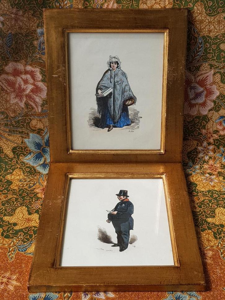 Mooi stel antieke gravures uit Engeland van man en vrouw., Antiek en Kunst, Kunst | Etsen en Gravures, Ophalen of Verzenden