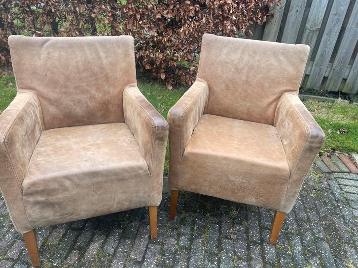 Lichtbruine Nubuck Leren Eetkamerstoelen, Huis en Inrichting, Stoelen, Gebruikt, Twee, Leer, Bruin, Ophalen of Verzenden