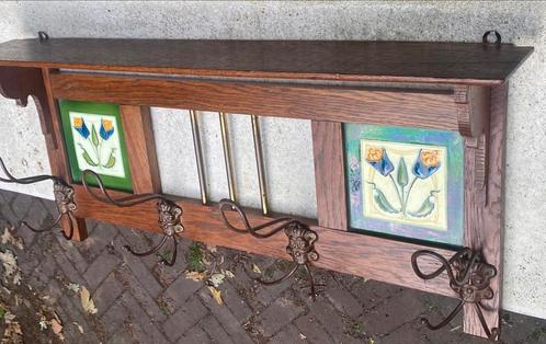 Art nouveau houten kapstok met siertegels, Huis en Inrichting, Woonaccessoires | Kapstokken, Wandkapstok, Minder dan 100 cm, Hout