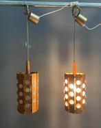 70 jaren houten latjes hang lamp met kunststof rondjes erin, Gebruikt, Vintage, Ophalen of Verzenden, Metaal