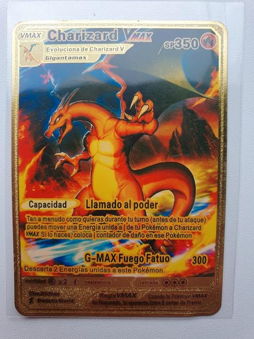 Charizard V Max Pokemon kaart metaal Goudkleurig, Hobby en Vrije tijd, Verzamelkaartspellen | Pokémon, Zo goed als nieuw, Losse kaart