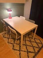 Witte IKEA Melltorp eettafel met 4 stoelen en kussentjes, Huis en Inrichting, Tafels | Eettafels, Ophalen, Kunststof, 100 tot 150 cm