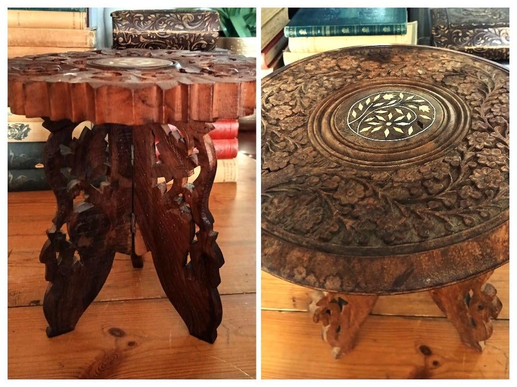 Inklapbaar oosters teak hout india planten tafel inlay 2 x, Ophalen of Verzenden