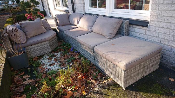 Modulaire Tuinset, Kussens, Tafeltje, Tuin en Terras, Tuinsets en Loungesets, Gebruikt, Loungeset, Wicker, 5 zitplaatsen, Bank