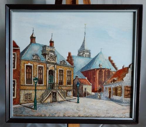 Wageningen - Stadhuis en kerk rond 1900 - Aquarel - 1960, Antiek en Kunst, Kunst | Schilderijen | Klassiek, Ophalen of Verzenden