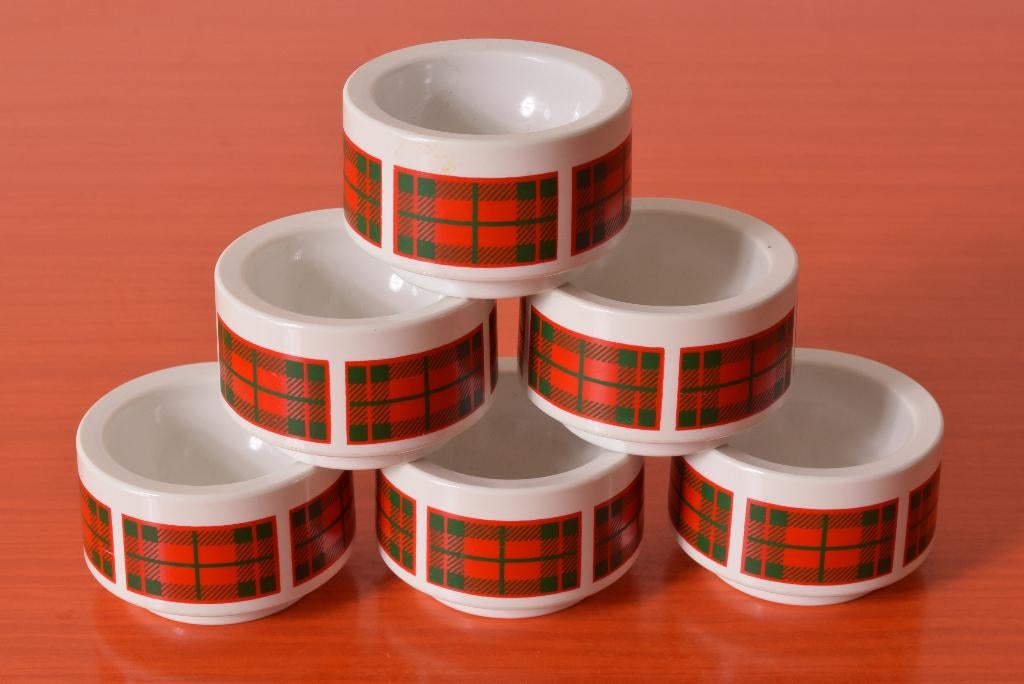 Set van 6 retro vintage Emsa Luran eierdopjes - Schotse ruit, Overige materialen, Overige typen, Ophalen of Verzenden, Zo goed als nieuw