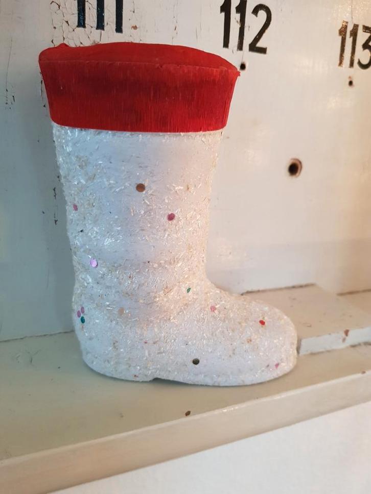oude candycontainer laarsje wit met rood en glittertjes, Diversen, Kerst, Gebruikt, Ophalen of Verzenden