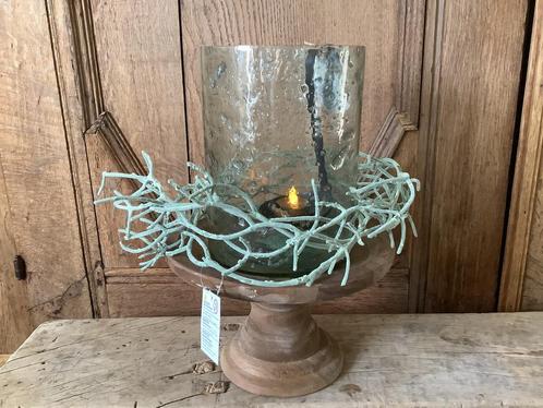NIEUW houten schaal bubbelglazen windlicht, tak en hanglepel, Huis en Inrichting, Woonaccessoires | Kandelaars en Kaarsen, Nieuw
