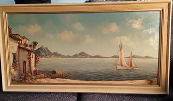 Olieverf Schilderij - Waterlandschap met Boten beschikbaar voor biedingen