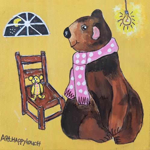 Beer met knuffelbeer schilderijtje op hout vrolijk acryl, Antiek en Kunst, Kunst | Schilderijen | Modern, Ophalen of Verzenden