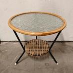Rieten bijzettafel met glazen blad – 5454 cm – Vintage, Huis en Inrichting, Minder dan 55 cm, Gebruikt, ., Rond