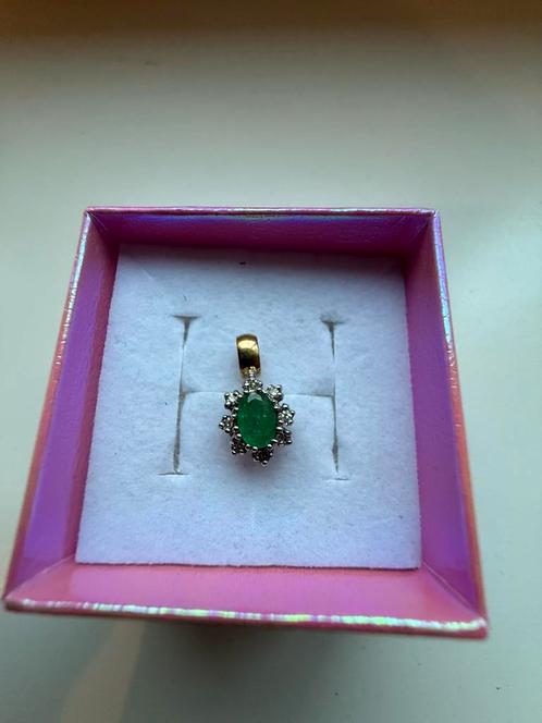 Hanger 18 karaats goud met natuurlijke smaragd en diamanten, Sieraden, Tassen en Uiterlijk, Edelstenen, Zo goed als nieuw, Ophalen of Verzenden