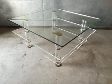 Vintage jaren 60 70 messing glas plexiglas salontafel beschikbaar voor biedingen