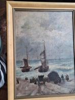Antiek schilderij bomschuiten op strand, Antiek en Kunst, Ophalen of Verzenden
