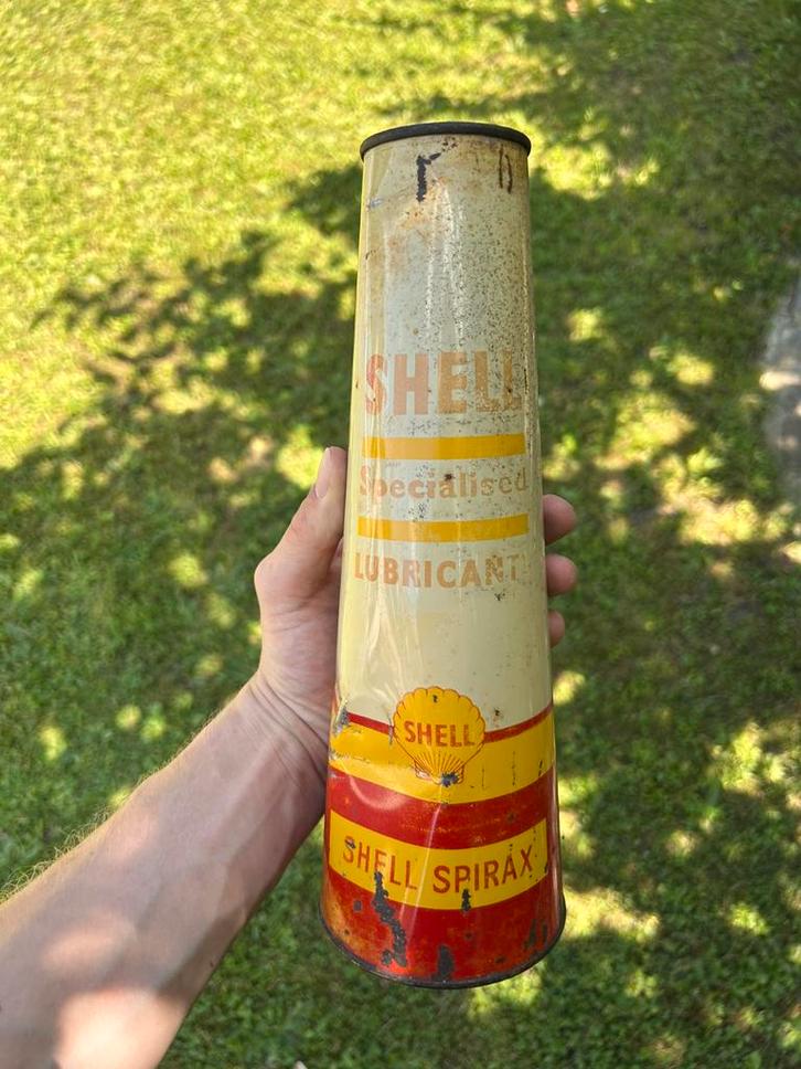 Olieblik olie blik conish conical Shell Spirax full vintage, Verzamelen, Blikken, Gebruikt, Overige, Overige merken, Ophalen of Verzenden