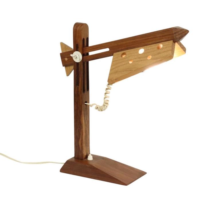 Unieke Verstelbare Houten Lamp Vintage Handgemaakt, Huis en Inrichting, Lampen | Tafellampen, Gebruikt, Minder dan 50 cm, Hout