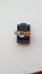 Oude gouden ring Aquamarijn twee briljantjes, 9 krt, Verzenden, Goud, Ring, Met edelsteen