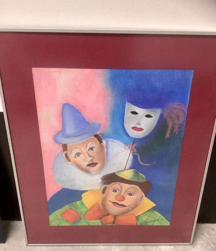 Aquarel clowns met gratis lijst, Huis en Inrichting, Woonaccessoires | Schilderijen, Tekeningen en Foto's, Zo goed als nieuw, Schilderij