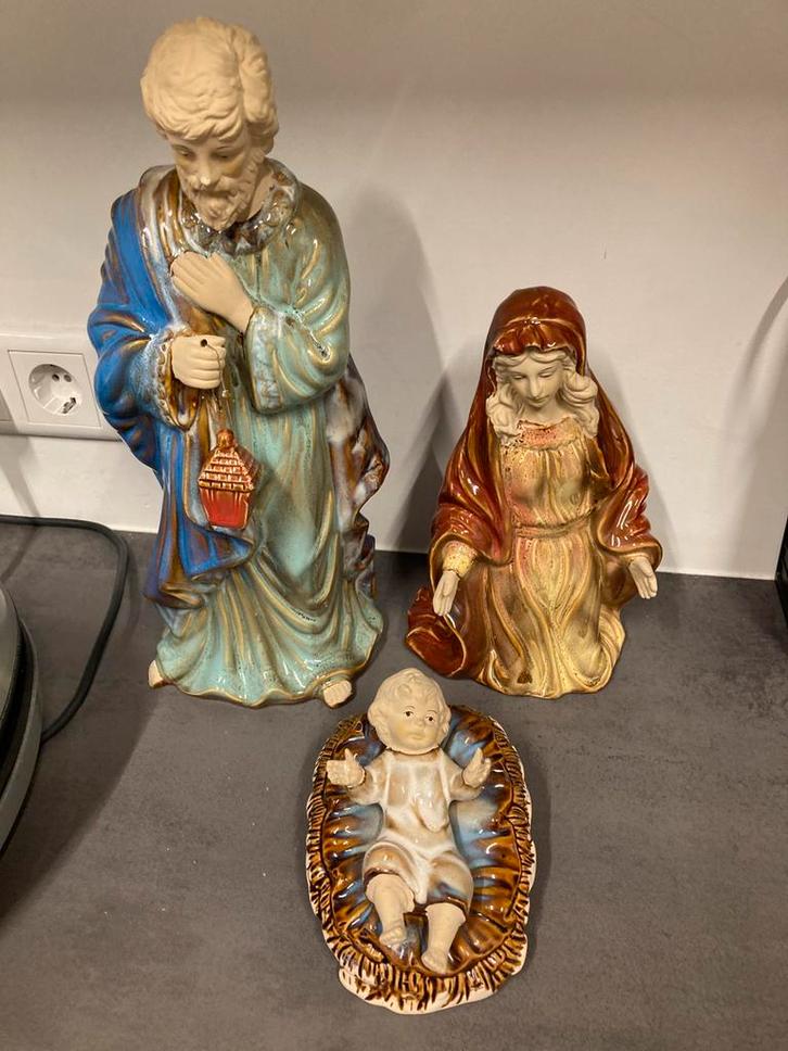 Antieke geglazuurde keramische beelden Maria Jozef en Jezus, Antiek en Kunst, Kunst | Beelden en Houtsnijwerken, Ophalen of Verzenden