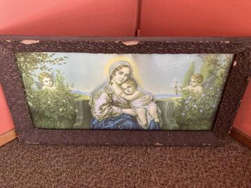 Religieus schilderij: Maria + kindje Jezus + 2 engelen.  beschikbaar voor biedingen