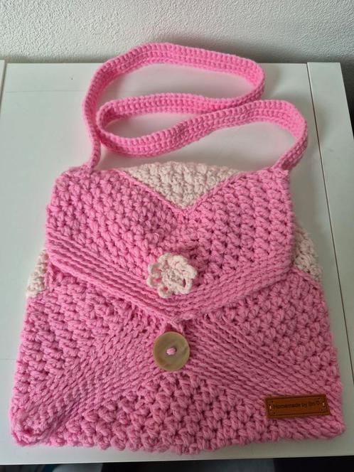 Zelfgehaakt roze bloemen tasje, Sieraden, Tassen en Uiterlijk, Kindersieraden, Nieuw, Oorbellen, Roze, Ophalen of Verzenden
