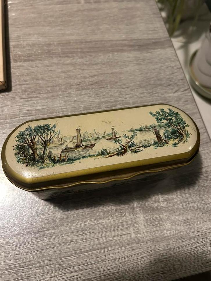 Vintage thee lepel doosje, Verzamelen, Blikken, Gebruikt, Thee, Douwe Egberts, Ophalen of Verzenden