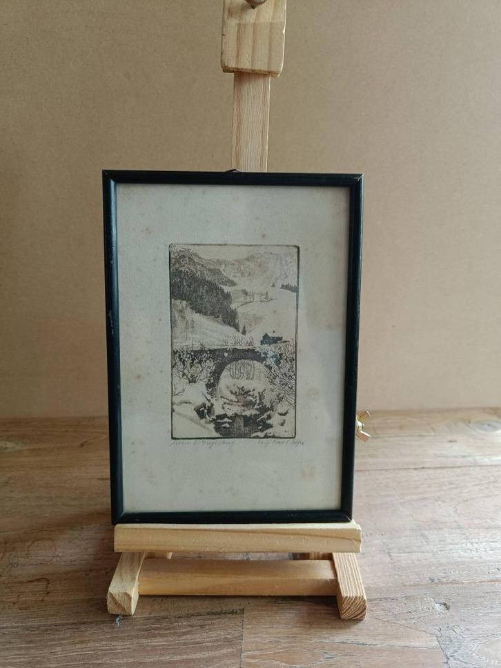 Geisgneerde ets berglandschap met brug, Antiek en Kunst, Kunst | Etsen en Gravures, Ophalen of Verzenden
