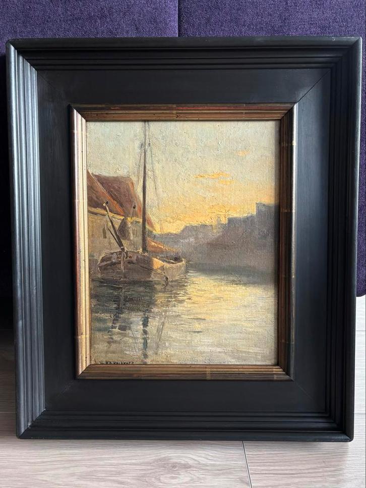Boot in binnenhaven bij avondlicht naar J.H.B. Koekkoek, Antiek en Kunst, Kunst | Schilderijen | Klassiek, Ophalen of Verzenden