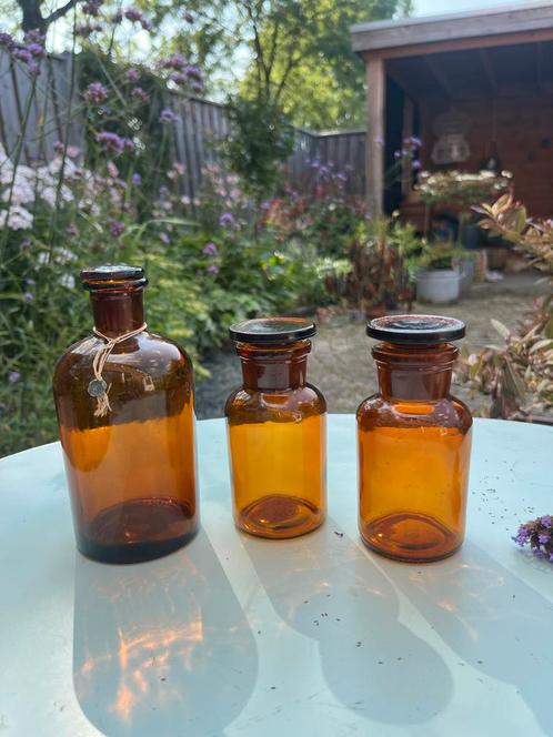 Apothekersflesjes Amberkleurig Glas - Set van 3, Verzamelen, Retro, Huis en Inrichting, Ophalen of Verzenden