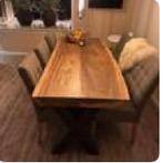 Boomstamtafel met zwart stalen X-poten, Huis en Inrichting, Tafels | Eettafels, Ophalen, Gebruikt, 100 tot 150 cm, Eikenhout