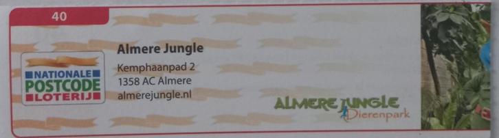 Postcodeloterij bon 40 Almere Jungle, Tickets en Kaartjes, Kortingen en Cadeaubonnen, Drie personen of meer, Overige typen, Kortingsbon