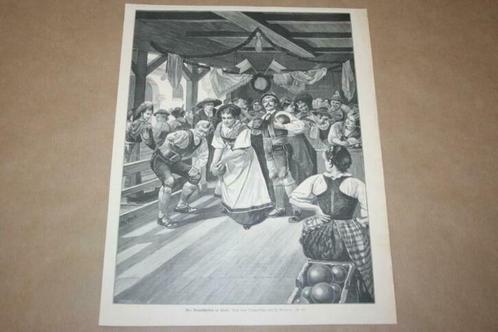Antieke gravure - Bowlingspel vrouwen in Tirol - Ca 1875 !!, Antiek en Kunst, Kunst | Etsen en Gravures, Ophalen of Verzenden